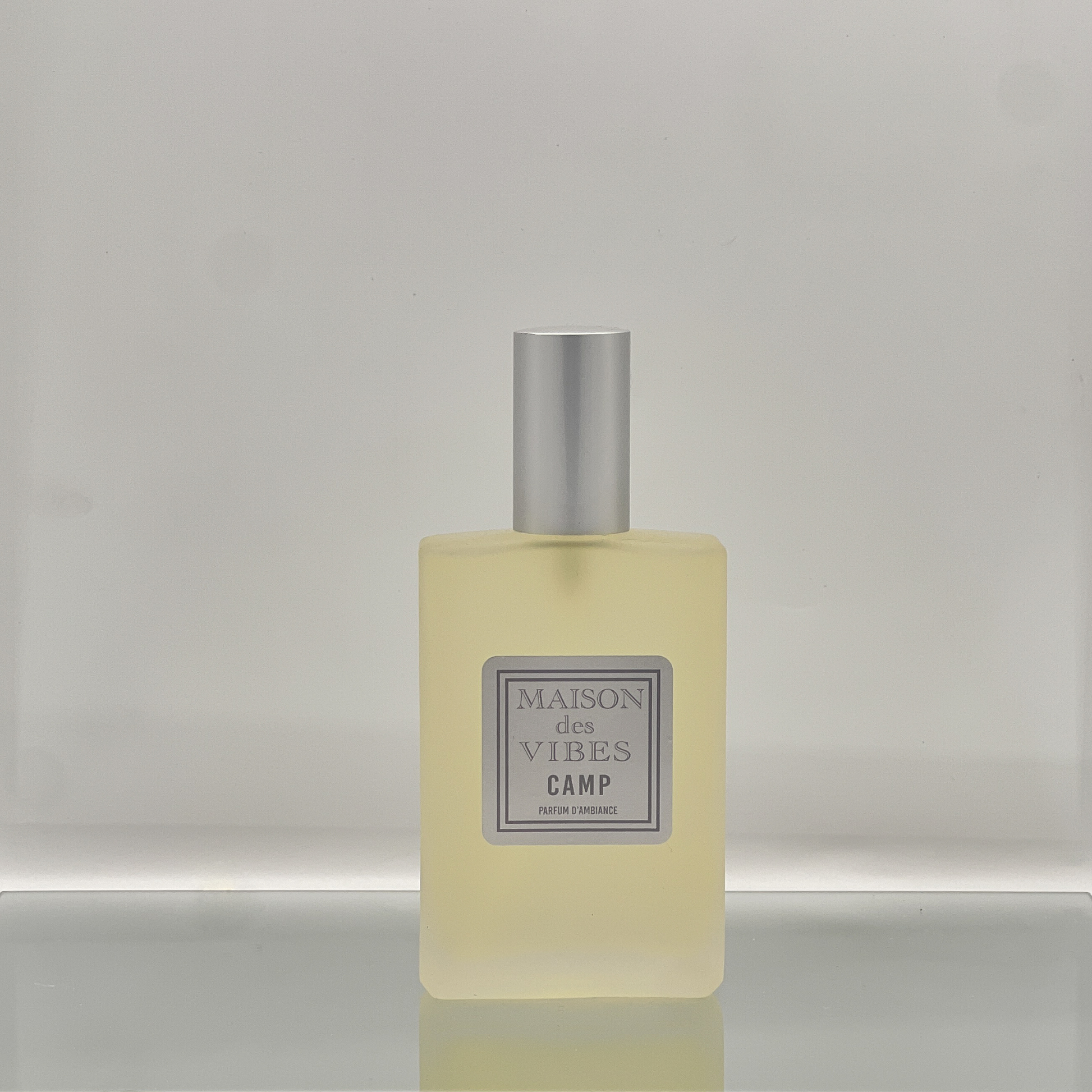 Maison des Vibes CAMP Room Spray. Notes Top: Bergamot, Elemi Heart: Beeswax, Tobacco, Sage Base: Myrrh, Patchouli. Relish in CAMP and let your imagination run wild with stories of past adventures and dreams of future escapades.