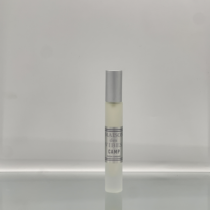Maison des Vibes CAMP Room Spray. Notes Top: Bergamot, Elemi Heart: Beeswax, Tobacco, Sage Base: Myrrh, Patchouli. Relish in CAMP and let your imagination run wild with stories of past adventures and dreams of future escapades.