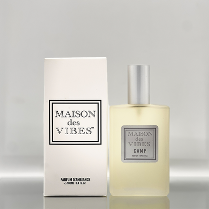 Maison des Vibes CAMP Room Spray. Notes Top: Bergamot, Elemi Heart: Beeswax, Tobacco, Sage Base: Myrrh, Patchouli. Relish in CAMP and let your imagination run wild with stories of past adventures and dreams of future escapades.