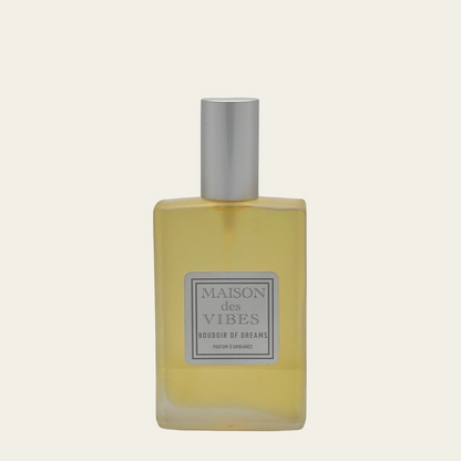 Maison des Vibes BOUDOIR OF DREAMS ROOM SPRAY. NOTES Top: Pear, Bergamot Heart: Jasmine, Vanilla Base: Frankincense, Myrrh. BOUDOIR OF DREAMS elevates any space into a haven of romance and allure. Let the seductive blend of fragrances embrace you and your surroundings, setting the scene for unforgettable moments.