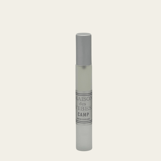 Maison des Vibes CAMP Room Spray. Notes Top: Bergamot, Elemi Heart: Beeswax, Tobacco, Sage Base: Myrrh, Patchouli. Relish in CAMP and let your imagination run wild with stories of past adventures and dreams of future escapades.
