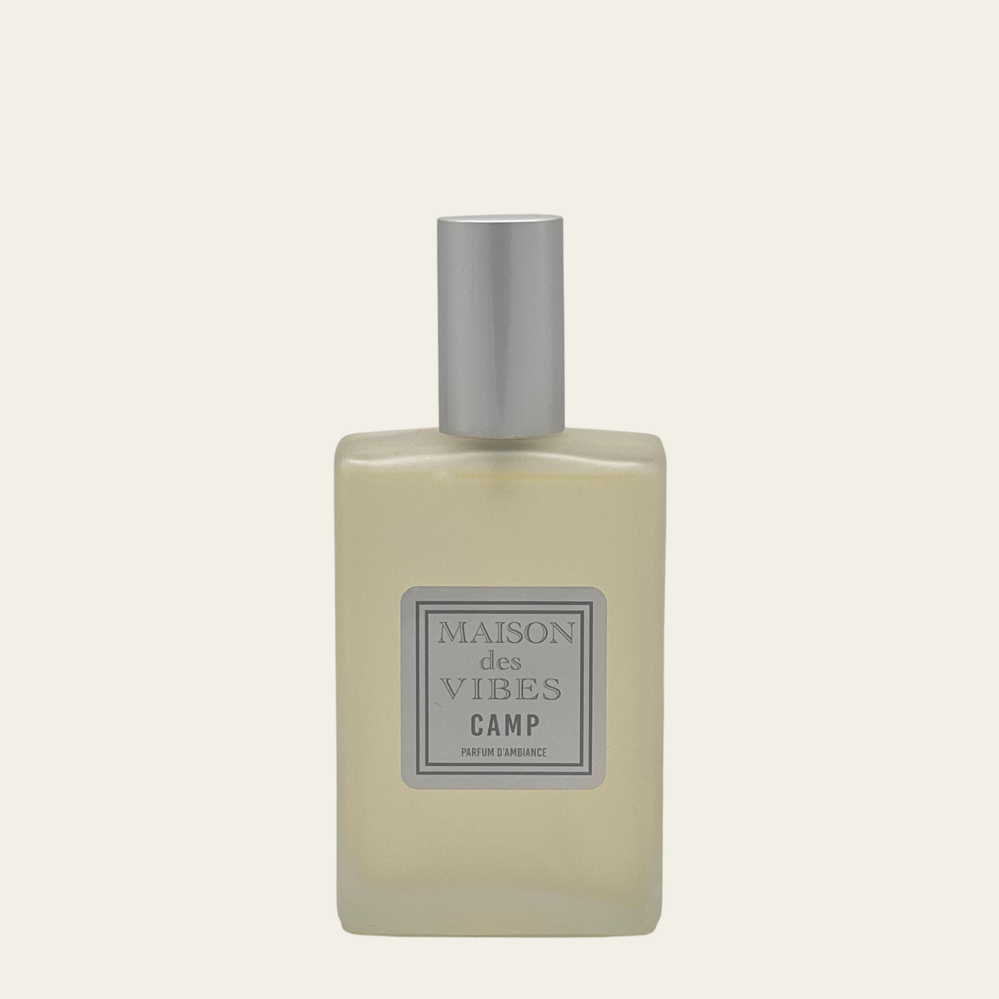 Maison des Vibes CAMP Room Spray. Notes Top: Bergamot, Elemi Heart: Beeswax, Tobacco, Sage Base: Myrrh, Patchouli. Relish in CAMP and let your imagination run wild with stories of past adventures and dreams of future escapades.