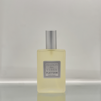 Maison des Vibes PLATFORM Room Spray. NOTES Top: Mandarin, Jasmine, Sea Salt Heart: Gardenia, Orchid, Sage Base: Coconut, Vanilla, Vetiver. PLATFORM envelops your space with an uplifting, invigorating vibe, much like the elevated feeling of standing tall in platform shoes. Step into an elevated olfactory experience and transform any room into a haven of sophistication and allure, elevating your environment to new heights of elegance and enchantment.
